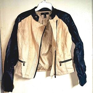 Zip Up Faux Tan Suede and Black Faux Leather Moto Jacket. Size Medium